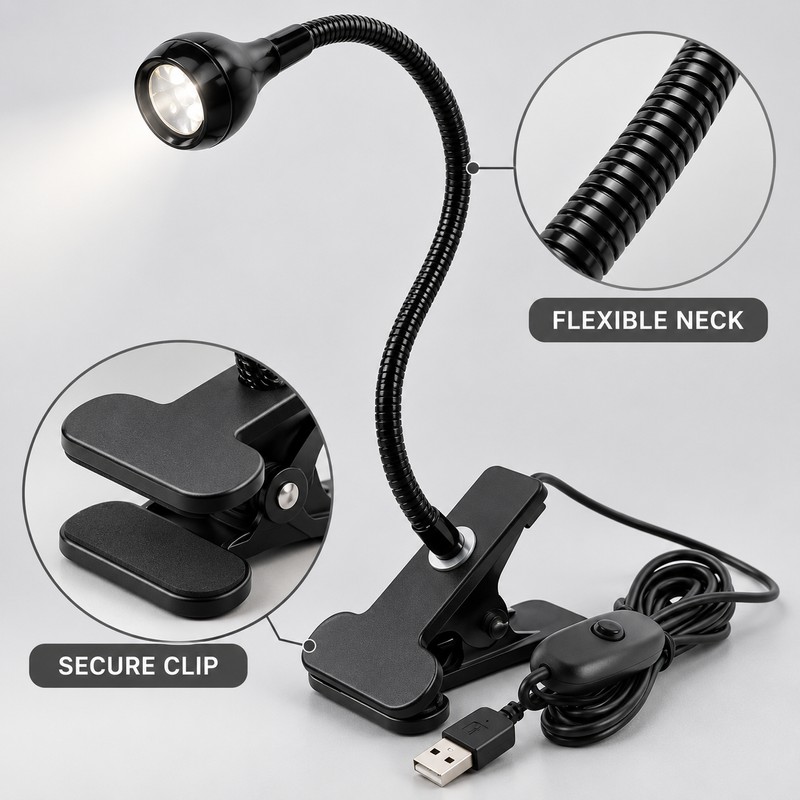 Flexible USB LED Clip-On Reading Light with 360° Gooseneck and