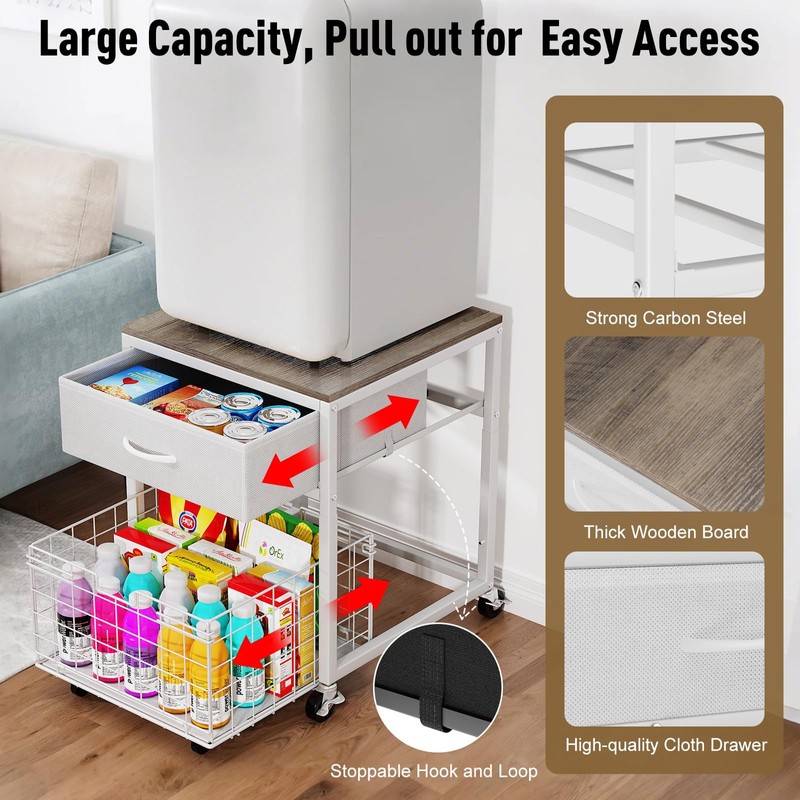 Housolution Mobile Mini Fridge Stand with Storage, Height-Adjustable Mini Beverage