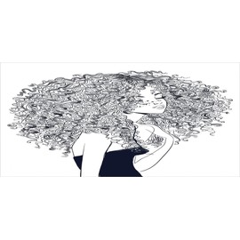 Lunarable Curly Hair Pencil Pen Holder, Curly Hair Young Girl with Freckles in Party Dress Teen Feminine Print, Printed Ceramic Pencil Pen Holder for Desk Office Accessory, Dark Blue White