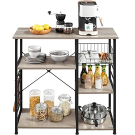 Yaheetech 4-Tiers Kitchen Stationary Utility Storage Shelf Industrial Kitchen Baker Shelf Coffee Bar with Open Storage Shelf 6 S-shaped Side Hooks Microwave Rack Baker Stationary Kitchen Island, Gray