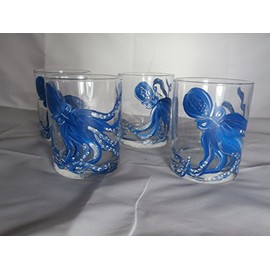 Hand painted blue octopus. Great set. usa. Set of 4 glasses tumbler
