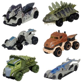 Hot Wheels Jurassic World Set Character Cars 4 Pack, Velociraptor Beta, Velociraptor (Blue), Tyrannosaurus Rex, Giganotosaurus