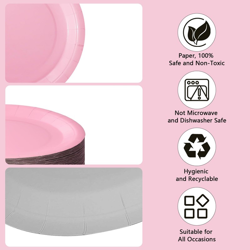 PYAILI Party Paper Plates, 50-Pack Disposable Light Pink Plates, 18