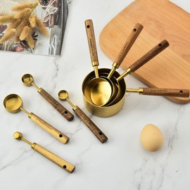 Measure Cups, 8Pcs Stainless Steel Measuring Cup with Wooden Handle Bartending Scale Measuring Spoon Baking Tool Fits in Jar Coffee Shop
