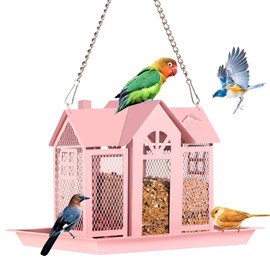 GOYOXOKY Bird Feeders for Outdoors, Large Capacity Squirrel Proof Bird Feeder, Metal Hanging Birdhouses with Perch and Roof for Gardens, patios, Decks and lawns, Pink