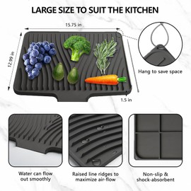 Dish Drying Mat for Kitchen Counter, Silicone Dish Drying Pad, Non-Slip Drain Pad with Built-in Drain, 15.8" x 13" Heat Resistant Stone Drying Mat (Black, Large)