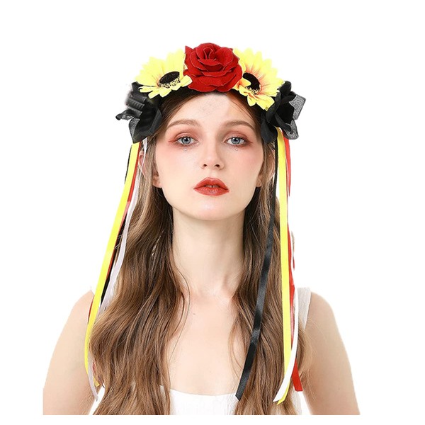 June Bloomy Day of the Dead Headpiece Frida Costume Mexican Floral Crown Rose Headband (Ribbon Red Yellow Black)