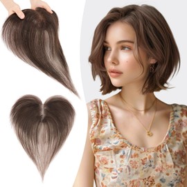 S-noilite Hair Toppers for Women Human Hair with Side Bangs - 9x12cm T-Sharp Hand-stitched Base 360° 3D Coverage Natural 13g （Dark Brown #2)