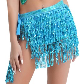 JUSTUSNX Sequin Tassel Skirt Fringe Hip Scarf Belly Dance Rave Outfit for Women and Girls, blue