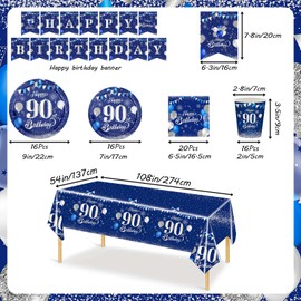 MORAINJAY 70P 90th Birthday Tableware Set - Navy Blue Cups, Plates, Napkins, Tablecloth, Banner for Men Women Party Supplies (16 Guests)