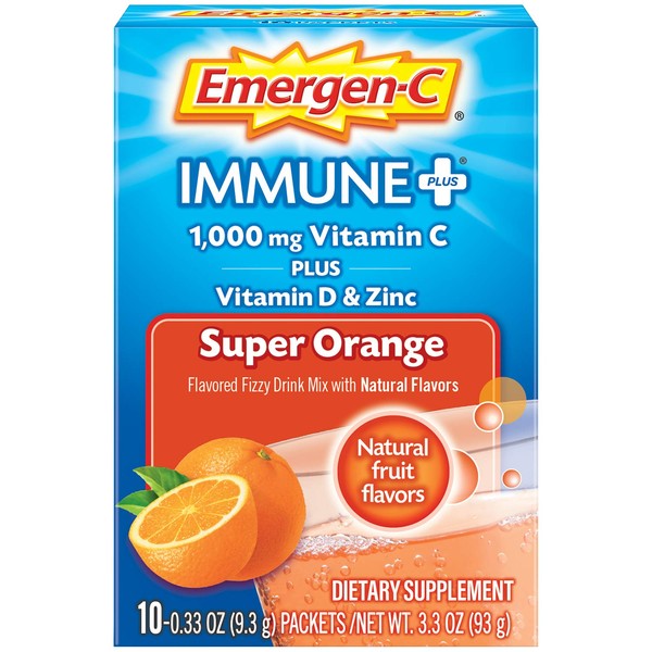 Emergen-C Immune+ 1000mg Vitamin C Powder, with Vitamin D, Zinc, Antioxidants and Electrolytes for Immunity, Immune Support Dietary Supplement, Super Orange Flavor - 10 Count