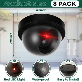 Kanayu 8 Pack Dummy Fake Camera CCTV Dome Fake Security Camera with Flashing Red LED Light Wireless Surveillance Dummy Cameras for Outside Decoy Camera with Screws Tape for Indoor Outdoor Home (Black)