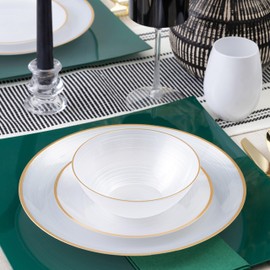 PLASTICPRO 32 Pieces Crystal Design Plastic Bowls 16 ounce Gold Rim Elegant Disposable Plates, Pearl White