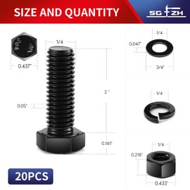 1/4-20 x 2 Hex Head Screw Bolt, Nuts, Flat & Lock Washers, 20Pcs 18-8 (304) Stainless Steel, Fully Threaded, Black Oxide by SG TZH