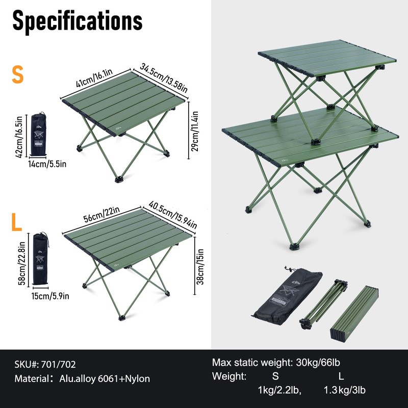 iClimb Ultralight Compact Camping Folding Table with Carry Bag (Green