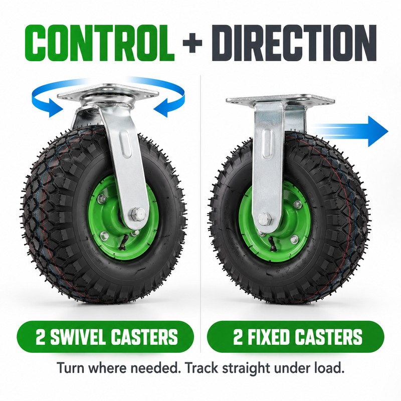 10 Inch Pneumatic Caster Wheels Set of 4, Heavy Duty