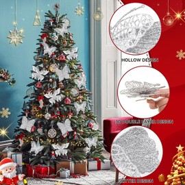 12Pcs Glitter Christmas Butterfly Ornaments Flowers, 3 Styles Hollow-Out Butterfly Christmas Decorations Artificial Ornaments with Clips for Xmas Holiday Crafts and Christmas Tree (Silver)