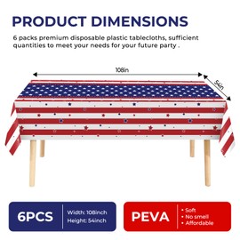 JHDZDHY 6 Pack American Flag Tablecloth, 4th of July Patriotic Table Cover (54"x108") Disposable Plastic Table Cloth, Decorations for Veterans Day, Patriotic, Memorial, Fourth of July, Independence
