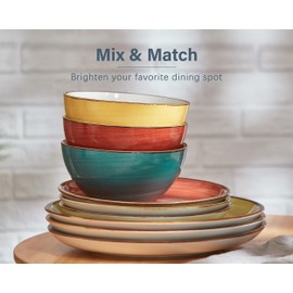 ONEMORE Plates and Bowls Set - Microwavable, Oven & Dishwasher Safe Porcelain Dinnerware Set - Scratch Resistant, Ceramic Dishware for 4(12pcs) - Assorted Colors