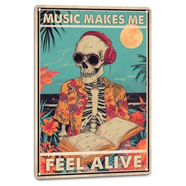 NEGLAI Gothic Decor Skeleton Signs Hippie Room Decor Wall Art - Music Makes Me Feel Alive Sign, Teen Boys Room Funny Decorations for Music Lovers 8X12 Inches