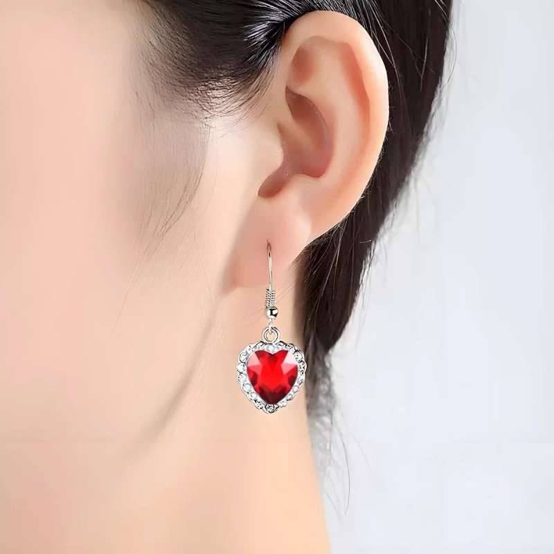 Dtup Conjunto De Joyería Corazón Rojo Rubí + Aretes Plata