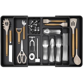 Lifewit Large Silverware Drawer Organizer, Plastic Cooking Utensil Tray for Kitchen, Expandable From 21 to 36 Inches, Adjustable Flatware Cutlery Spoon Fork Knife Spatula Gadgets Holder, Black