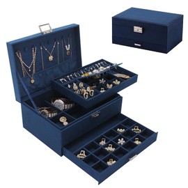 Soddeph Large Jewelry Organizer Box, 3-tier Display Case, Velvet Jewelry Box with Lock and Drawers, Varying Compartments for Necklace, Bracelets, Earrings, Rings, and Watch (Blue, Extra Large)