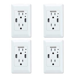 KCMYTONER USB Charger Wall Outlet with Nightlight,USB Outlet 2 USB Charging Ports 4.2A and 2 Electrical AC Outlets, 15A Tamper Resistant Outlet,White with Wall Plate,Auto LED Nightlight 4 Pack