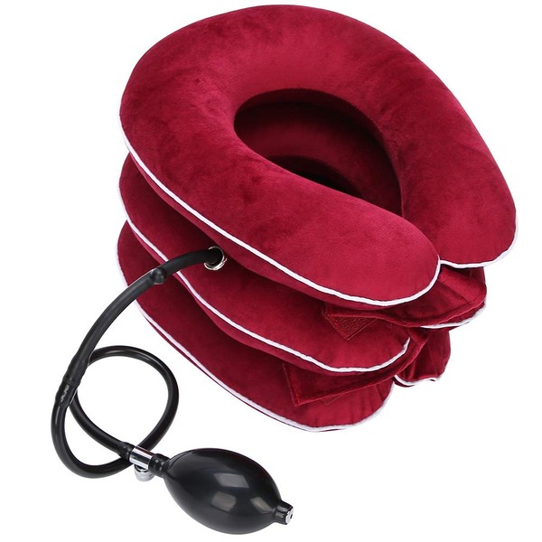 Cervical Neck Traction, Inflatable Cervical Collar, Neck Traction Support Pillow Neck Stretcher with Inflation Pump for Neck Pain Relief(Rose Red)