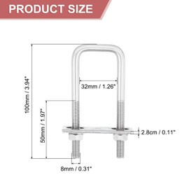 sourcing map 4Sets 304 Stainless Steel Square U-Bolts, 1.26" (32mm) Inner Width 3.94" (100mm) Length M8 with Nuts, Frame Plate, Gasket for Automobiles Trailer, Ski Boat, Fishing Boat, Pipelines