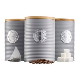 Cooks Professional Kitchen Storage Set | 3-Piece Ribbed with Bamboo Lids | Tea Coffee Sugar | Grey/Silver