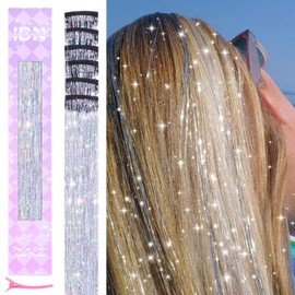 IDN BEAUTY Hair Tinsel Clip in, 6pcs Silver Sparkling Tinsel Hair Extensions 3s Wear and Go for Party Daily Travel Birthday, 24Inch Hair Accessories for Girls Women Kids