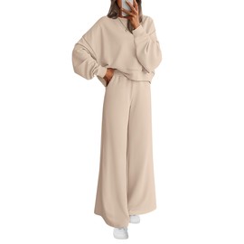 PRETTYGARDEN Women 2 Piece Outfits 2025 Fall Sweatsuits Crewneck Sweatshirt Wide Leg Sweatpants Lounge Sets Tracksuit(Beige,Large)