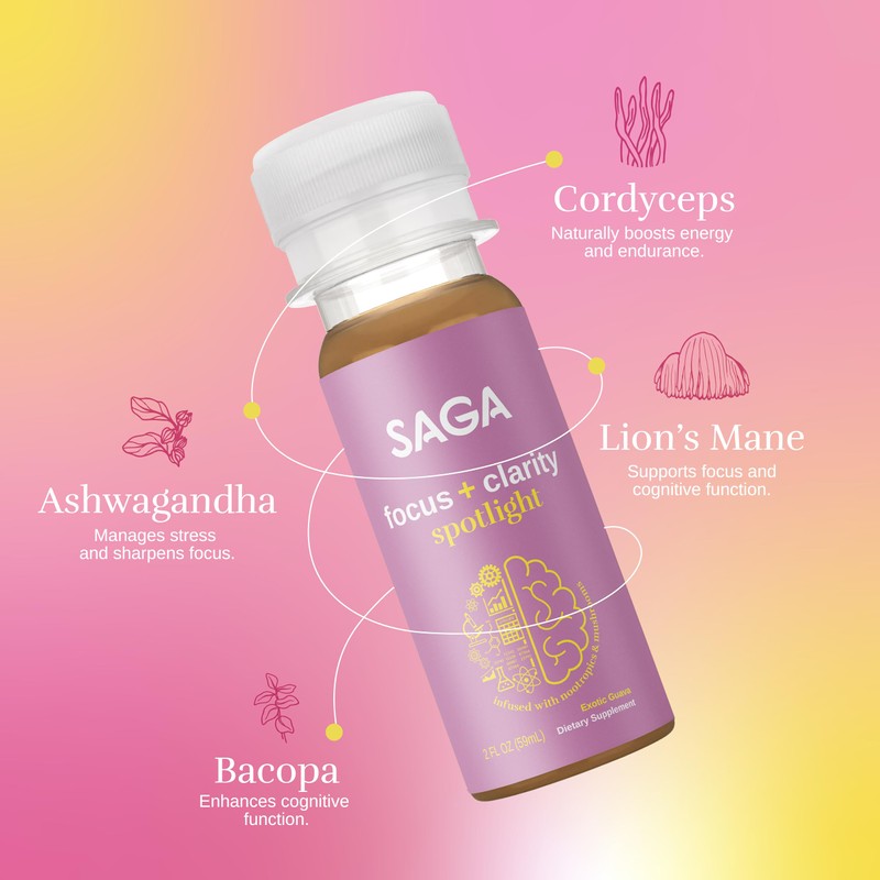SAGA Organic Focus Shots | Contains Nootropics, Adaptogens, & Mushrooms