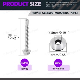 Swpeet 70Pcs 410 Stainless Steel #10 x 1-1/2" Hex Washer Head Self Drilling Screws with Stainless Steel #10 x 1/2" Neoprene EPDM Bonded Sealing Washers Gasket Kit, Self Tapping Sheet Metal Tek Screws