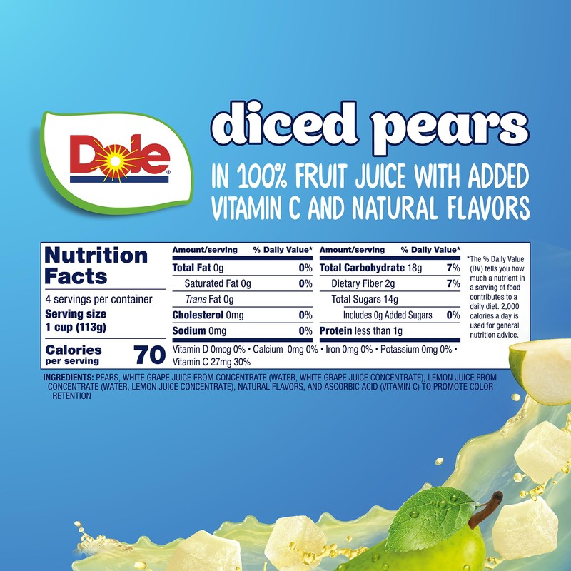 Dole Fruit Bowls Diced Pears in 100% Juice Snacks, 4oz
