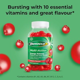 Berocca Berocca Multi-Action Multivitamin Gummies - Including Vitamin D, C, A, B-Complex (B1, B2, B3, B6, B7 & B12), E - Supplement for Women, Men and Kids - 60 Gummies - Cherry Flavour