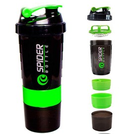 16 oz/ 500ml. Protein Shaker Bottle with Storage | Sports Water Bottle with Non-Slip Grip, 3 Layer Twist-Off Compartments (3 oz Each) & Pill Tray | Leak-Proof Shake Cup for Protein Mixes (Green)
