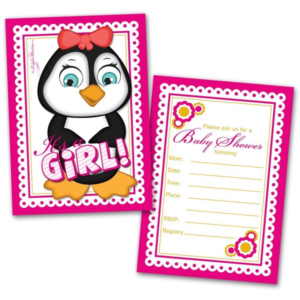 20 Baby Shower Cards and 20 Envelopes 'It's a Girl' Penguin