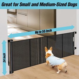 24 Inches Tall Retractable Baby Gates for Doorways, Short Dog Gates to Step Over, Extends up to 55" Wide, Reinforced Mesh Baby Gate for Kids or Pets, Doggie Gates Puppy Gates for The House (Black)