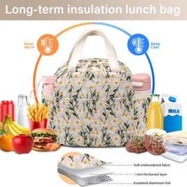 Carry bloom Lunch Box for Women, Insulated Lunch Bag Cute Corduroy Lunchbag Reusable Lunchbox for Work,Daisy Floral