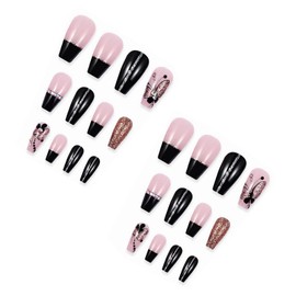MISUD Press on Nails Long Coffin Fake Nails Glossy Glue on Nails Black Butterfly Acrylic Nails Ballerina Artificial Nails Bling Glitter Stick on False Nails with Rhinestone Design 24 pcs