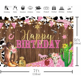 7x5FT Western Cowgirl Birthday Party Backdrop Rustic West Rodeo Boot Photography Background Cow Print Pink Women Wild Party Wooden Cowgirl Happy Birthday Decorations Banner