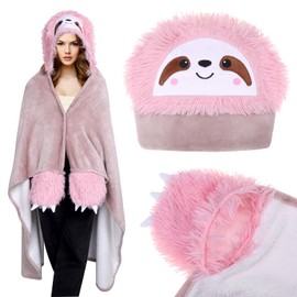 Kssvzz Pink Sloth Cuddly Blanket with Sleeves and Hood, Sloth Gift for Women, Christmas Gifts for Women, Portable Blanket for Dressing, Cuddly Blanket, Fluffy Children, Pink