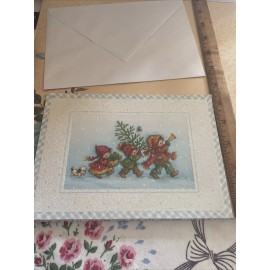 Vtg Christmas Card Unused Heavy Glitter Children Snow Tree Blue Bird W/Env