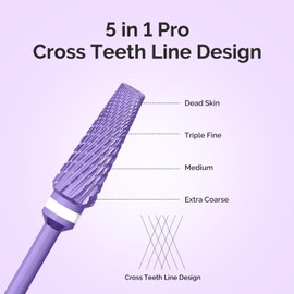 MelodySusie Upgrade 5 in 1 Nail Drill Bits, 3/32'' Carbide Tungsten Multi-Function Mixed Sizes Edition, Suitable for Manicure Pedicure Cuticle Gel Polishing, Professional Advanced Bits, Purple