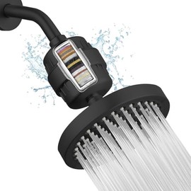 Regaderas para Baño de Lluvia de Alta Presión de 6" con filtro de ducha de 15 etapas, Ducha Tipo Lluvia para Agua Dura, Elimina Impurezas (Negro)