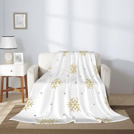 Home Decor Throw Blanket, Winter Christmas Gold Snowflakes Warm Soft Cozy Flannel Bed Blankets for Bed, Couch, Sofa and Chair, All Seasons Suitable, 80x60 inches