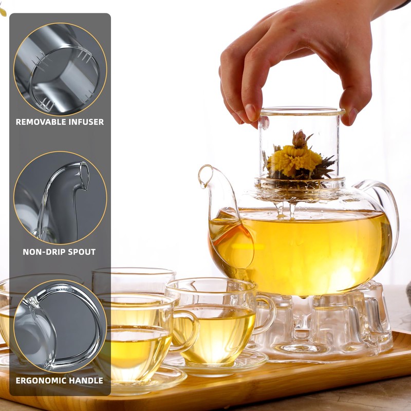 GURUDAR Glass Teapot Set, 34OZ/1000ML Glass Tea Kettle with Loose