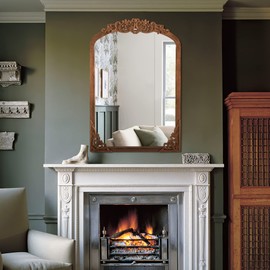 NeuType Vintage Mirror Arched Wall Mirror Carved Solid Wood Frame Wall-Mounted Mirror for Home Decor Bathroom Entryways Living Rooms Dressing Mirror, Gold, 39"x 28"